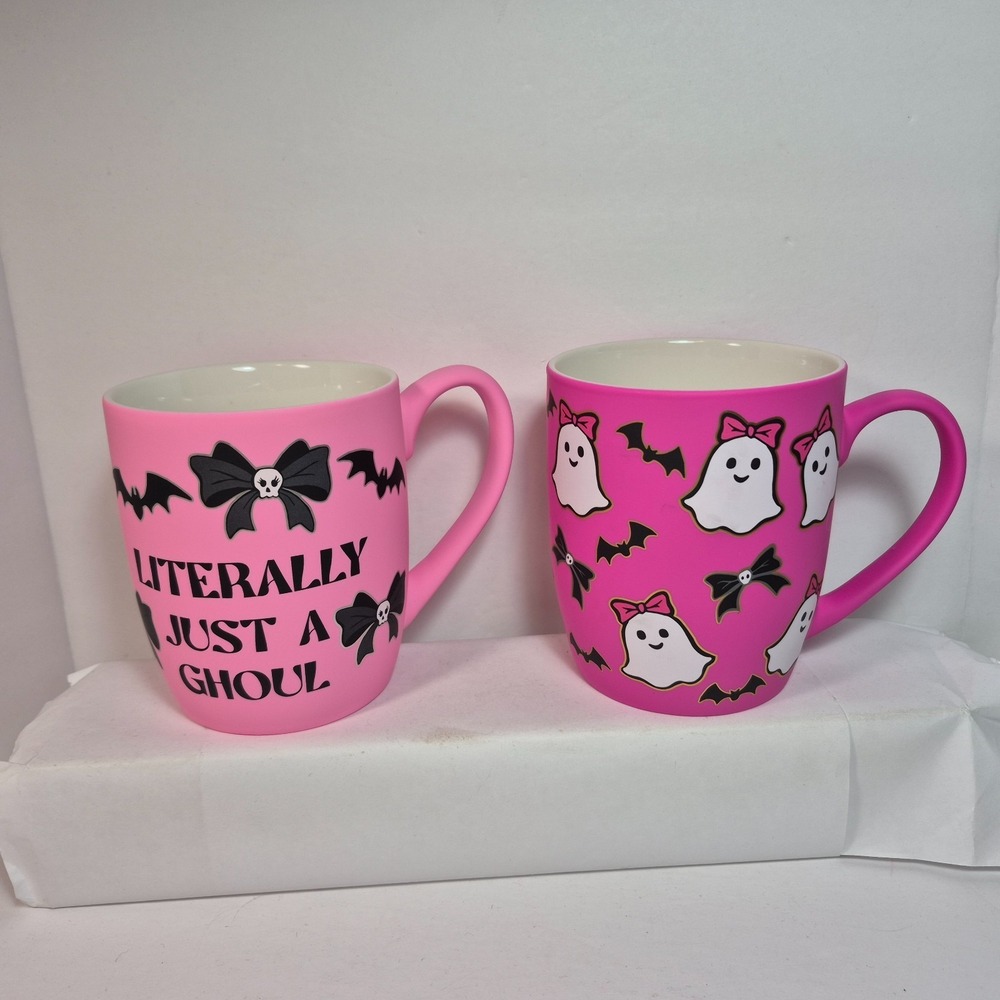 Cobwebs & Cauldrons Halloween Soft Touch Mug Pink Ghosts Bats Lot of 2